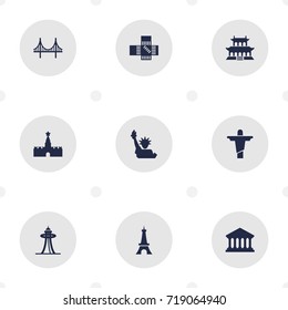 Set Of 9 Landmarks Icons Set.Collection Of Bridge, Paris, Seattle And Other Elements.