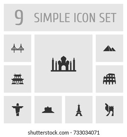 Set Of 9 Landmarks Icons Set.Collection Of Paris, Great Pyramid, India Mosque And Other Elements.