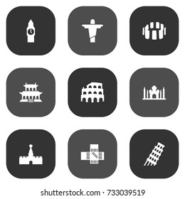 Set Of 9 Landmarks Icons Set.Collection Of Prehistoric Britain, Rio, Pisa And Other Elements.
