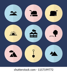 Set of 9 landscape filled icons such as lawn mower, tree and bench, mountain, pergola, shovel