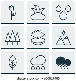 Set Of 9 Landscape Icons. Includes Raindrop, Landscape, Rain Symbols. Beautiful Design Elements.