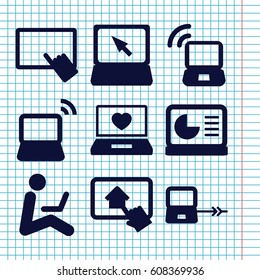 Set of 9 laptop filled icons such as laptop connection, finger on tablet, home on tablet
