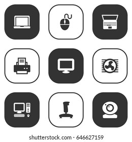 Set Of 9 Laptop Icons Set.Collection Of Computer, Peripheral, Fan And Other Elements.
