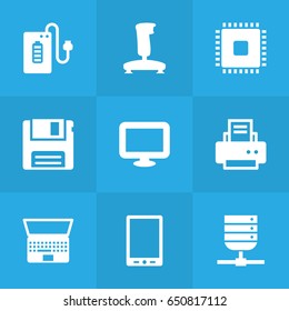 Set Of 9 Laptop Icons Set.Collection Of Display, Joystick, Diskette And Other Elements.