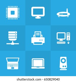 Set Of 9 Laptop Icons Set.Collection Of Microprocessor, Notebook, Laptop And Other Elements.