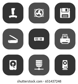 Set Of 9 Laptop Icons Set.Collection Of Show, Fan, Diskette And Other Elements.