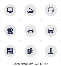 Set Of 9 Laptop Icons Set.Collection Of Headset, Notebook, Router And Other Elements.