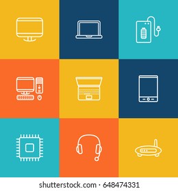 Set Of 9 Laptop Outline Icons Set.Collection Of Powerbank, Modem, PC And Other Elements.