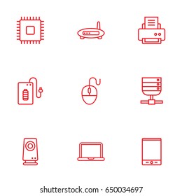 Set Of 9 Laptop Outline Icons Set.Collection Of Server, Computer Mouse, Modem And Other Elements.
