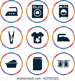 set of 9 laundry filled icons such as cloth pin, iron, washing machine