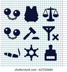 Set of 9 law filled icons such as stamp, cigarette, sheriff, no signal, ball chain, bulletproof vest, scales