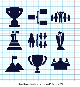 Set of 9 leadership filled icons such as group, structure, trophy, group of people and man celebrating victory, man at the top of the mountain with flag