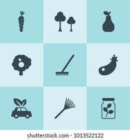 Set of 9 leaf filled icons such as tree, eggplant, pear, fruit tree, eco car, rake, plant in a can