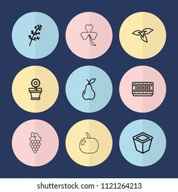 Set of 9 leaf outline icons such as plant, deel, pot for plants, flower pot, pear, apple, grape