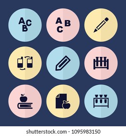 Set of 9 learn filled icons such as pencil, abc, test tube, apple on book, paper and apple