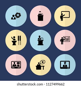 Set of 9 lecture filled icons such as tv speaker, teacher