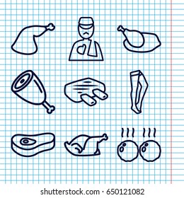 Set of 9 leg outline icons such as tights, chicken, meat leg, man with broken arm