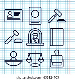 Set of 9 legal outline icons such as airport officer, passport, stamp, auction hummer
