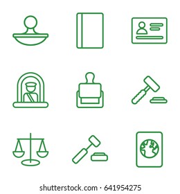 set of 9 legal outline icons such as airport officer, passport, stamp, auction hammer