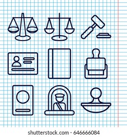 Set of 9 legal outline icons such as airport officer, passport, stamp, auction hammer