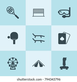 Set of 9 leisure filled icons such as playing cards, joystick, diving mask, ferris wheel, tent, tennis table, volleyball net, lounger