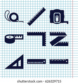 Set of 9 length filled icons such as ruler, triangle ruler, measure tape, tape, measuring tape