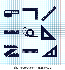 Set of 9 length filled icons such as ruler, triangle ruler, tape, measuring tape