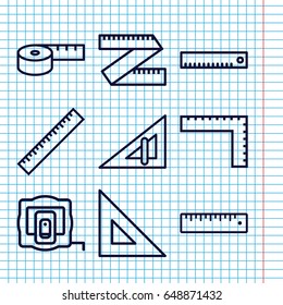 Set of 9 length outline icons such as ruler, triangle ruler, measure tape, measuring tape