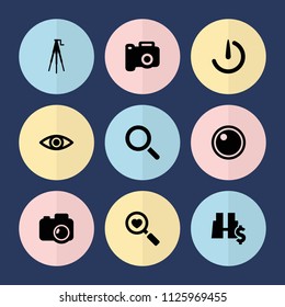 Set of 9 lens filled icons such as camera, heart search, camera tripod, eye, binoculars with dollar sign