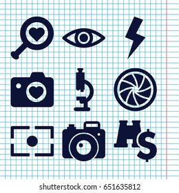 Set of 9 lens filled icons such as heart with camera, camera shutter, flash, eye, binoculars with dollar sign, microscope
