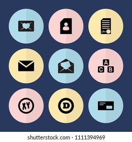 Set of 9 letter filled icons such as d letter, mail, resume, envelop, xy, abc cube