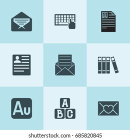 Set of 9 letter filled icons such as mail, cv, keyboard, a b c cube, love letter, binder