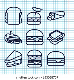 Set of 9 lettuce outline icons such as wrap sandwich, sandwich, burger with sausage, cheeseburger, double burger