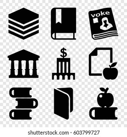 Set of 9 library filled icons such as court, paper and apple, magazine, book, bank, apple on book