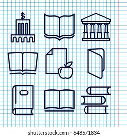 Set of 9 library outline icons such as court, book, paper and apple