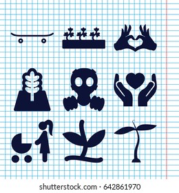 Set of 9 life filled icons such as plant, sprout plants, hands holding heart, heart tag, tree, skateboard, gas mask