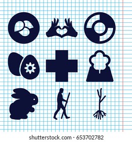 Set of 9 life filled icons such as leaf, rabbit, sprout, heart tag, medical cross, easter egg, tree, lifebuoy