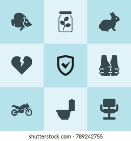 Set of 9 life filled icons such as rabbit, toilet bowl, insurance, chair, broken heart, plant in a can, motorcycle, life vest