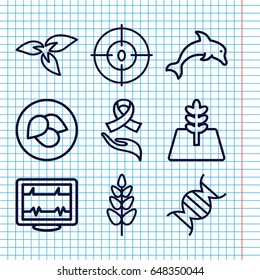 Set of 9 life outline icons such as plant, leaf, heartbeat, dna, ribbon on hand, tree