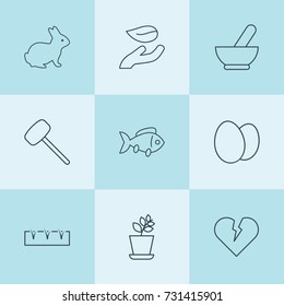 Set of 9 life outline icons such as medical bowl, plant, sprouting, leaf in hand, fish, rabbit, eggs, rubber hummer