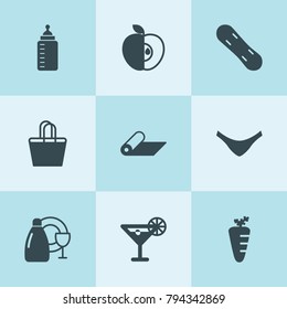 Set of 9 lifestyle filled icons such as carrot, dishes wash, baby bottle, apple, panties, mat, beach bag, cocktail