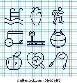 Set of 9 lifestyle outline icons such as apple, heart organ, heartbeat search, swimming pool, skateboard, calendar with clock, skipping rope, fintess equipment