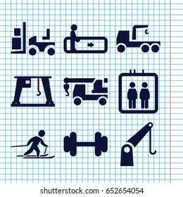 Set of 9 lift filled icons such as elevator, escalator, truck with hook, forklift, barbell, cargo crane