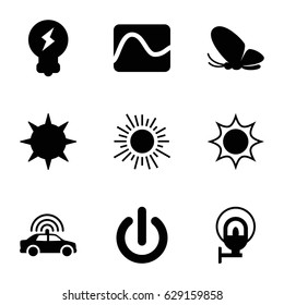 set of 9 light filled icons such as butterfly, police car, street lamp, bulb, sun, switch off