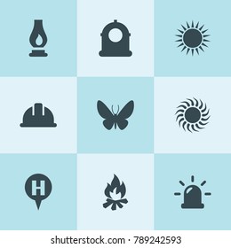 Set of 9 light filled icons such as siren, safety helmet, hospital location, sun, campfire, lantern