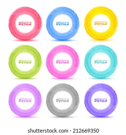 Set of 9 Light Hand drawn colorful watercolor circles, vector design elements 