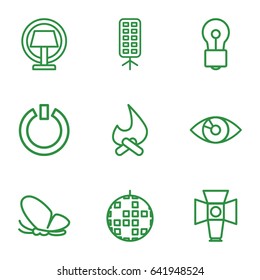  set of 9 light outline icons such as butterfly, bulb, soft box, table lamp, switch off, bonfire, disco ball