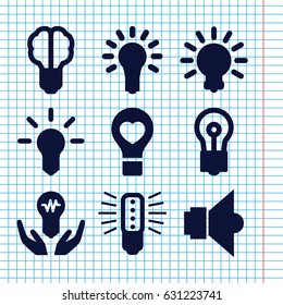 Set of 9 lightbulb filled icons such as bulb, bulb heart