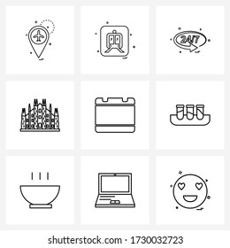 Conjunto de 9 signos de icono de línea y símbolos de fecha; apartamentos; tren; torre; Ilustración de vectores de ciudad