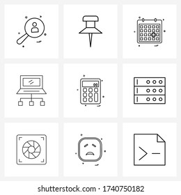Conjunto de 9 señales de iconos de línea y símbolos de cálculo; portátil; tachuela; internet; Ilustración vectorial de año